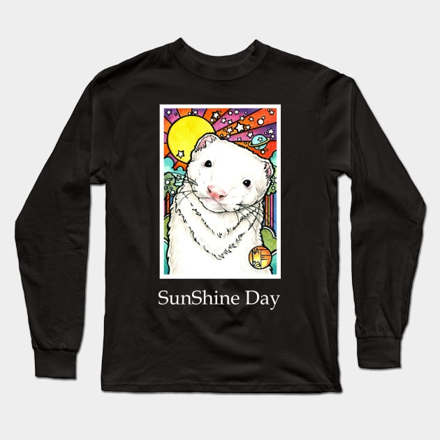 Sunny Happy Ferret - Sunshine Day - White Outlined Version Long Sleeve T-Shirt by Nat Ewert Art